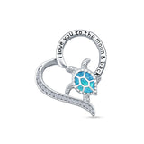 Lab Created Blue Opal & CZ Turtle & Heart Pendant 925 Sterling Silver