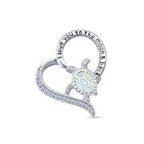 Lab Created White Opal & CZ Turtle & Heart Pendant 925 Sterling Silver
