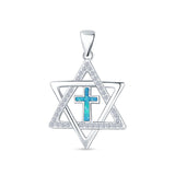 Lab Created Blue Opal & CZ Star Of David & Cross Pendant 925 Sterling Silver