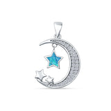 Lab Created Blue Opal & CZ Moon & Stars Pendant 925 Sterling Silver