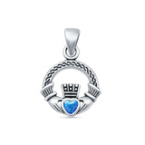 Heart Lab Created Blue Opal Claddagh Pendant Oxidized 925 Sterling Silver