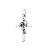Rose Flower & Cross Pendant Oxidized 925 Sterling Silver