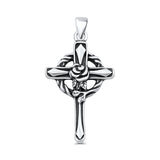 Cross & Rose Flower Pendant Oxidized 925 Sterling Silver