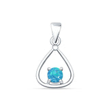Round Lab Created Blue Opal Oxidized Teardrop Pendant 925 Sterling Silver