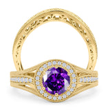 Two Piece Round Halo Split Shank Beaded Gold Ring