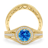 Two Piece Round Halo Split Shank Beaded Gold Ring