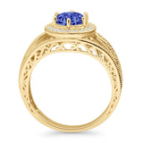 Round Halo Split Shank Beaded Gold Ring