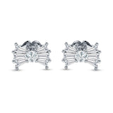 Baguette & Round Bow Stud Earring Cubic Zirconia 925 Sterling Silver