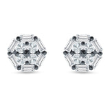 Hexagonal Stud Earring Baguette & Round Cubic Zirconia 925 Sterling Silver