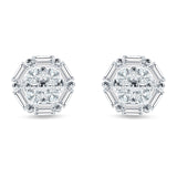 Hexagonal Stud Earring Baguette & Round Cubic Zirconia 925 Sterling Silver