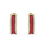Emerald Cut 12mm Ruby CZ Hoop Earrings 925 Sterling Silver