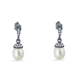 Oval Pearl Charm CZ Stud Earrings