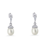 Oval Pearl Charm CZ Stud Earrings