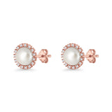 Pearl Stud Earrings 8.7mm Halo Cubic Zirconia 925 Sterling Silver