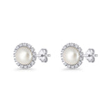 Pearl Stud Earrings 8.7mm Halo Cubic Zirconia 925 Sterling Silver