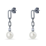 Round Cubic Zirconia & Pearl Paperclip Stud Earrings 925 Sterling Silver