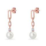 Round Cubic Zirconia & Pearl Paperclip Stud Earrings 925 Sterling Silver