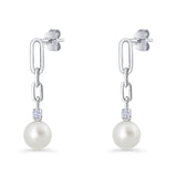Round Cubic Zirconia & Pearl Paperclip Stud Earrings 925 Sterling Silver