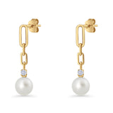 Round Cubic Zirconia & Pearl Paperclip Stud Earrings 925 Sterling Silver