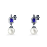 Emerald Cut Blue Cubic Zirconia & Pearl Charm Stud Earrings 925 Sterling Silver
