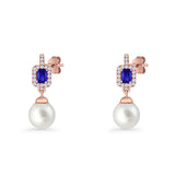 Emerald Cut Blue Cubic Zirconia & Pearl Charm Stud Earrings 925 Sterling Silver
