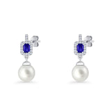 Emerald Cut Blue Cubic Zirconia & Pearl Charm Stud Earrings 925 Sterling Silver