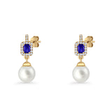 Emerald Cut Blue Cubic Zirconia & Pearl Charm Stud Earrings 925 Sterling Silver