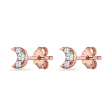 Crescent Moon Stud Earring 5mm Round Cubic Zirconia 925 Sterling Silver