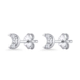 Crescent Moon Stud Earring 5mm Round Cubic Zirconia 925 Sterling Silver