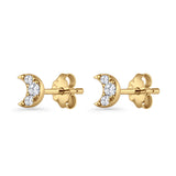 Crescent Moon Stud Earring 5mm Round Cubic Zirconia 925 Sterling Silver