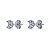 Crescent Moon Stud Earring 4.9mm Cluster Round Cubic Zirconia 925 Sterling Silver