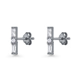 Line Bar Stud Earrings 12.4mm Baguette & Round Cubic Zirconia 925 Sterling Silver