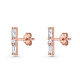 Line Bar Stud Earrings 12.4mm Baguette & Round Cubic Zirconia 925 Sterling Silver