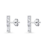 Line Bar Stud Earrings 12.4mm Baguette & Round Cubic Zirconia 925 Sterling Silver