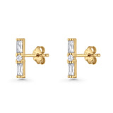Line Bar Stud Earrings 12.4mm Baguette & Round Cubic Zirconia 925 Sterling Silver