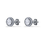 Round Stud Earrings 8.5mm Halo Cubic Zirconia 925 Sterling Silver
