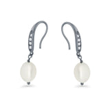 Drop Dangle 32mm Oval Pearl Fishhook Earring Cubic Zirconia 925 Sterling Silver