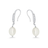 Drop Dangle 32mm Oval Pearl Fishhook Earring Cubic Zirconia 925 Sterling Silver