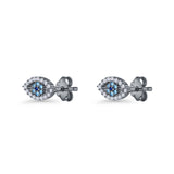 Evil Eye Earrings 6.2mm Floral Blue & Clear Cubic Zirconia 925 Sterling Silver