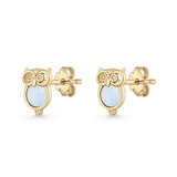 Round 9.7mm Lab Created Opal Owl Stud Earring 925 Sterling Silver