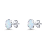 Oval 6.8mm Lab Created Opal Floral Stud Earring 925 Sterling Silver