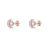 Moon & Star 8.4mm Stud Earring Lab Created White Opal 925 Sterling Silver