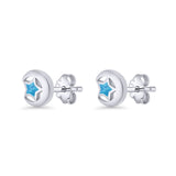 Crescent Moon & Star Stud Earring Lab Created Opal 925 Sterling Silver