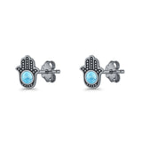 Round 9mm Lab Created Opal Hand Of Hamsa Stud Earring Oxidized 925 Sterling Silver