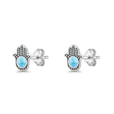Round 9mm Lab Created Opal Hand Of Hamsa Stud Earring Oxidized 925 Sterling Silver
