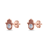 Round 9mm Lab Created Opal Hand Of Hamsa Stud Earring Oxidized 925 Sterling Silver