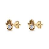 Round 9mm Lab Created Opal Hand Of Hamsa Stud Earring Oxidized 925 Sterling Silver