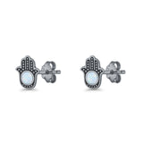 Round 9mm Lab Created Opal Hand Of Hamsa Stud Earring Oxidized 925 Sterling Silver