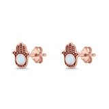 Round 9mm Lab Created Opal Hand Of Hamsa Stud Earring Oxidized 925 Sterling Silver