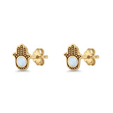 Round 9mm Lab Created Opal Hand Of Hamsa Stud Earring Oxidized 925 Sterling Silver